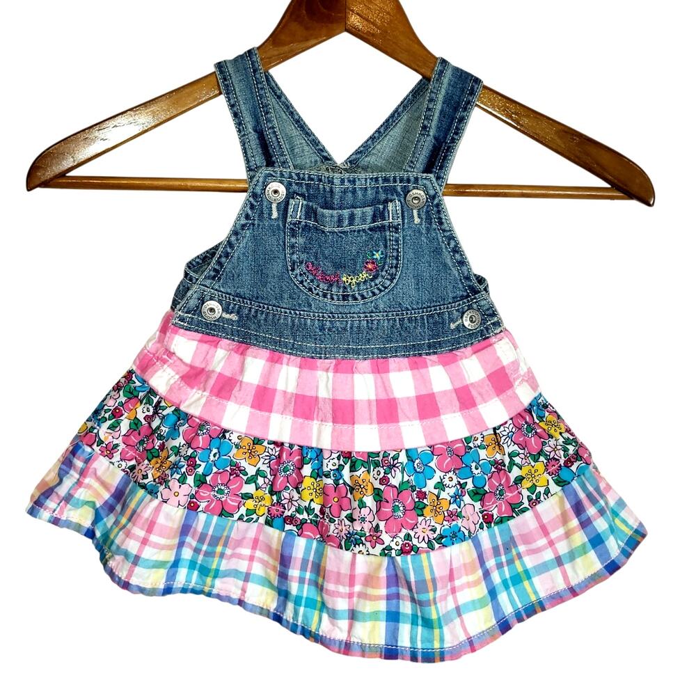 Vintage Osh Kosh B'Gosh Tiered Mixed Pattern Vest Back Jumper Dress Gingham 9mos